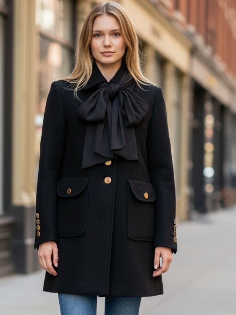 NWT $220 Milly Black Military Style Bow Coat Gold Buttons Double Breasted Jacket
